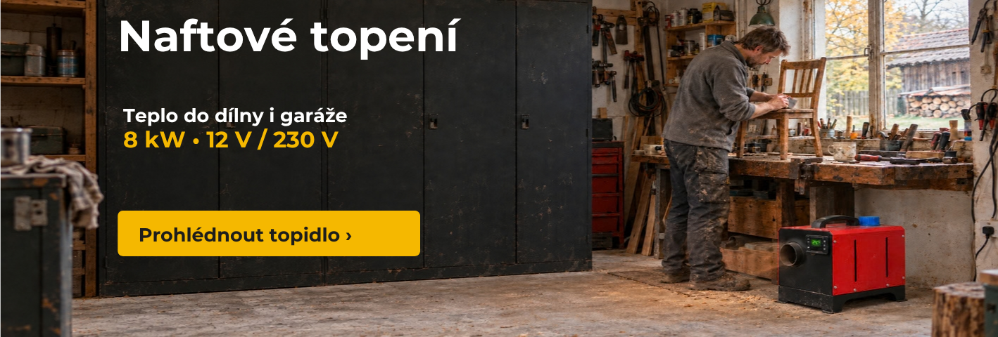 Naftové topení 8 kW s napájením 12 V / 230 V pro dílnu a garáž