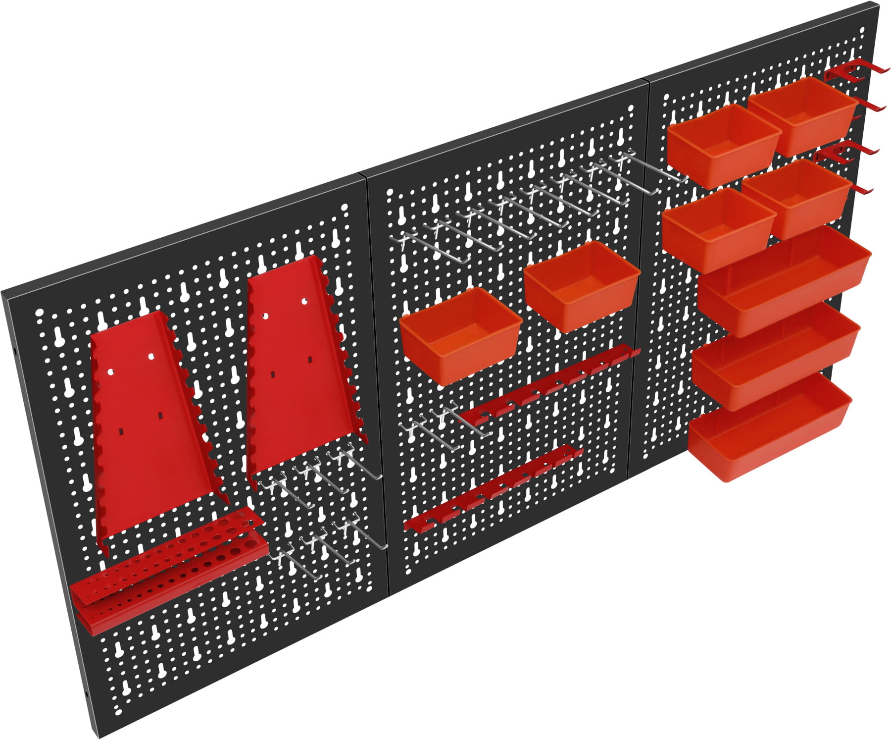 Kovový nástěnný panel KD11898 – detail háčků a kontejnerů
