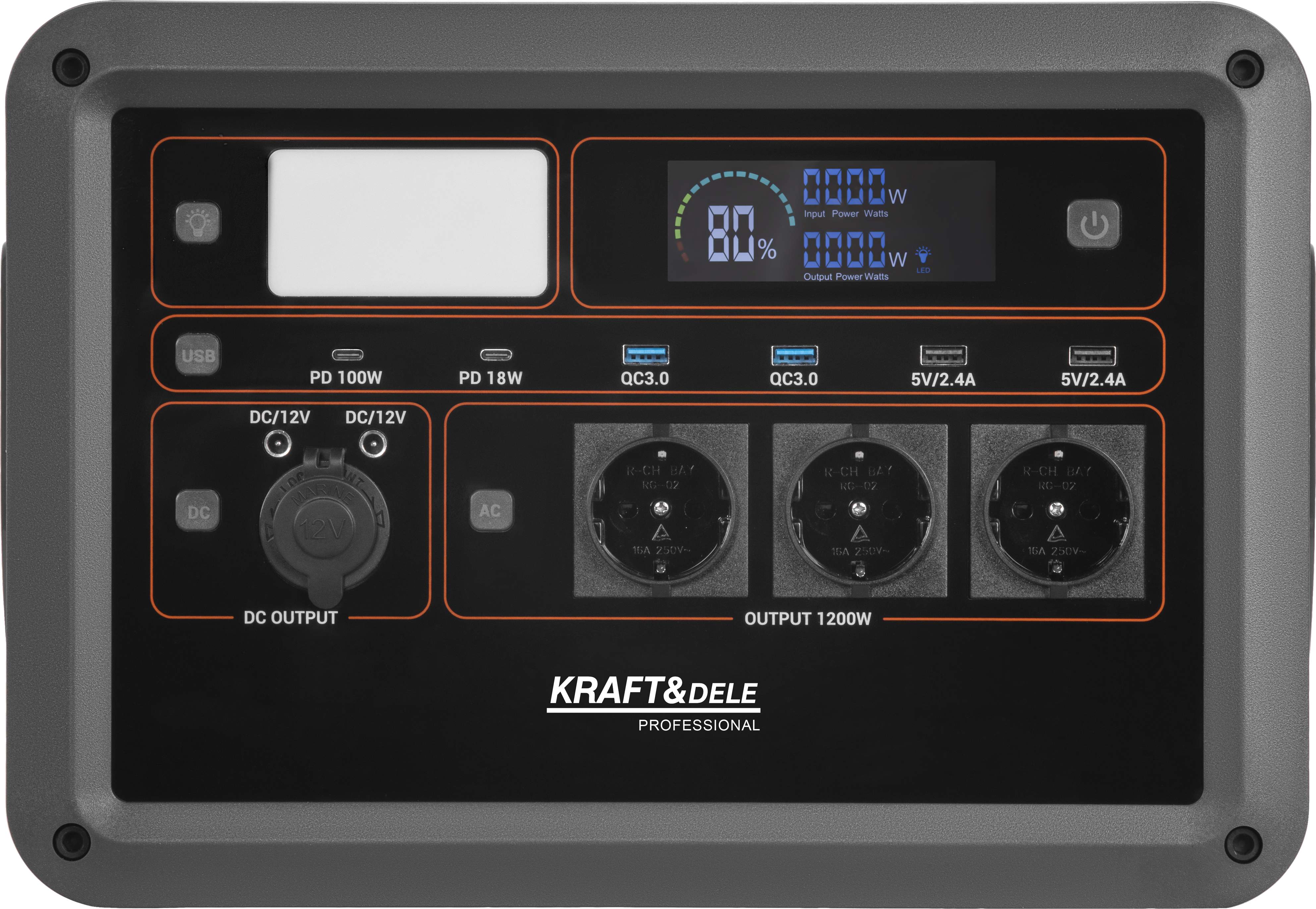Kraft&Dele KD5532 – přední panel s výstupy AC, USB a DC