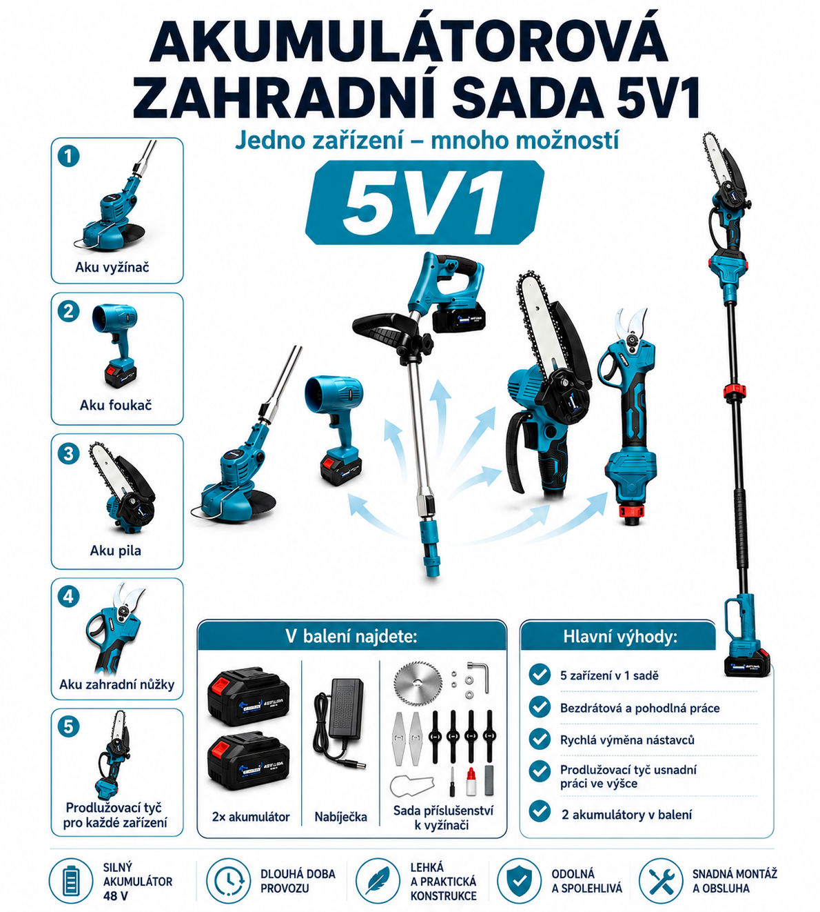 Akumulátorová záhradná súprava 5 v 1 Ondragon OD9210, teleskopická píla, nožnice na stromy, vyžínač, fúkač, 2× akumulátor 48 V 2