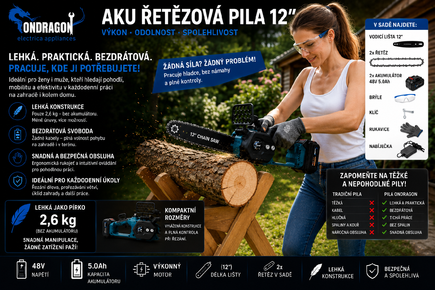 Akumulátorová reťazová píla Ondragon OD9201 12", 48 V, bezuhlíková, 2× akumulátor 5 Ah 4