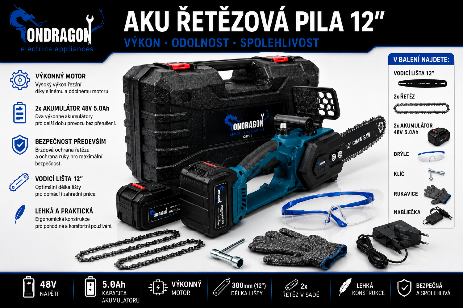 Akumulátorová reťazová píla Ondragon OD9201 12", 48 V, bezuhlíková, 2× akumulátor 5 Ah 5