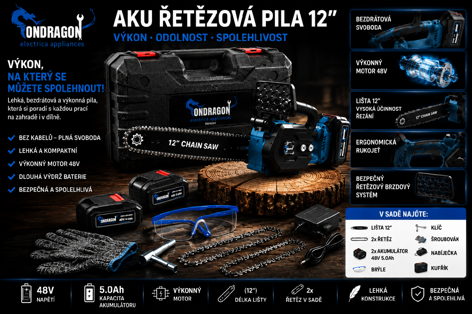 Akumulátorová reťazová píla Ondragon OD9201 12", 48 V, bezuhlíková, 2× akumulátor 5 Ah 2