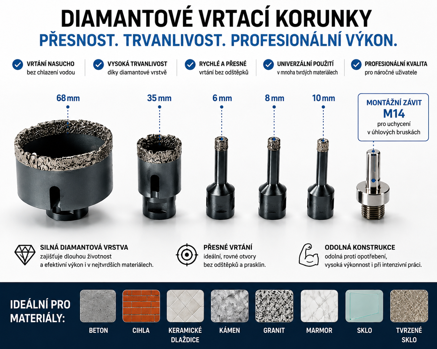 Sada diamantových korunek Ondragon OD9217 6–68 mm M14, na gres, obklady, beton a kámen 3