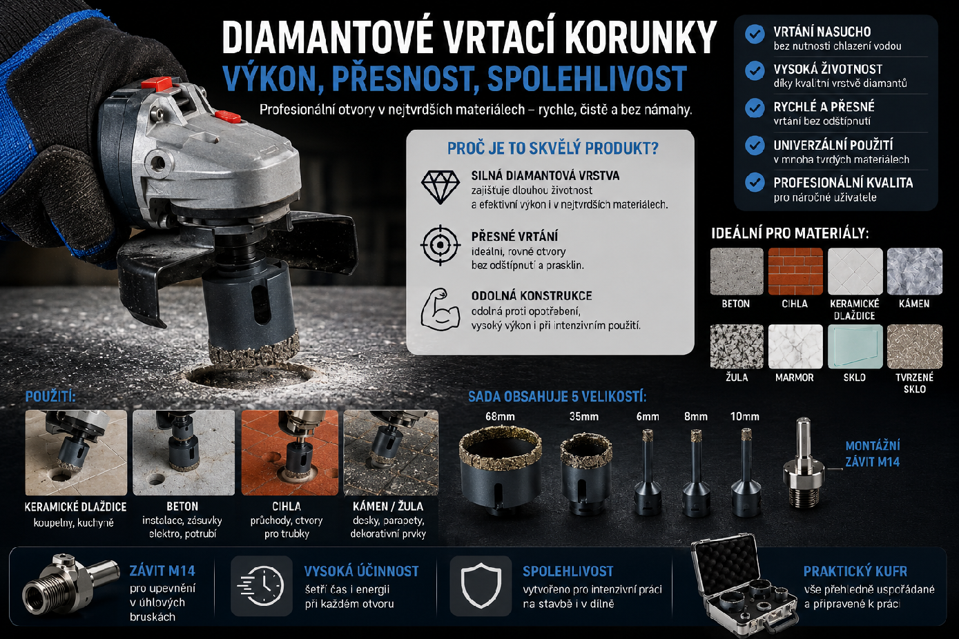 Sada diamantových korunek Ondragon OD9217 6–68 mm M14, na gres, obklady, beton a kámen 5