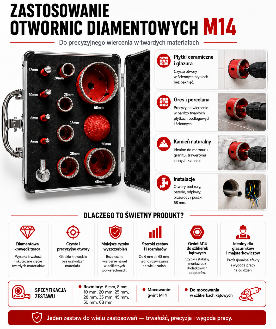 Sada diamantových korunek Ondragon OD9218 6–68 mm M14, 11 ks, na gres, obklady, beton a kámen 3