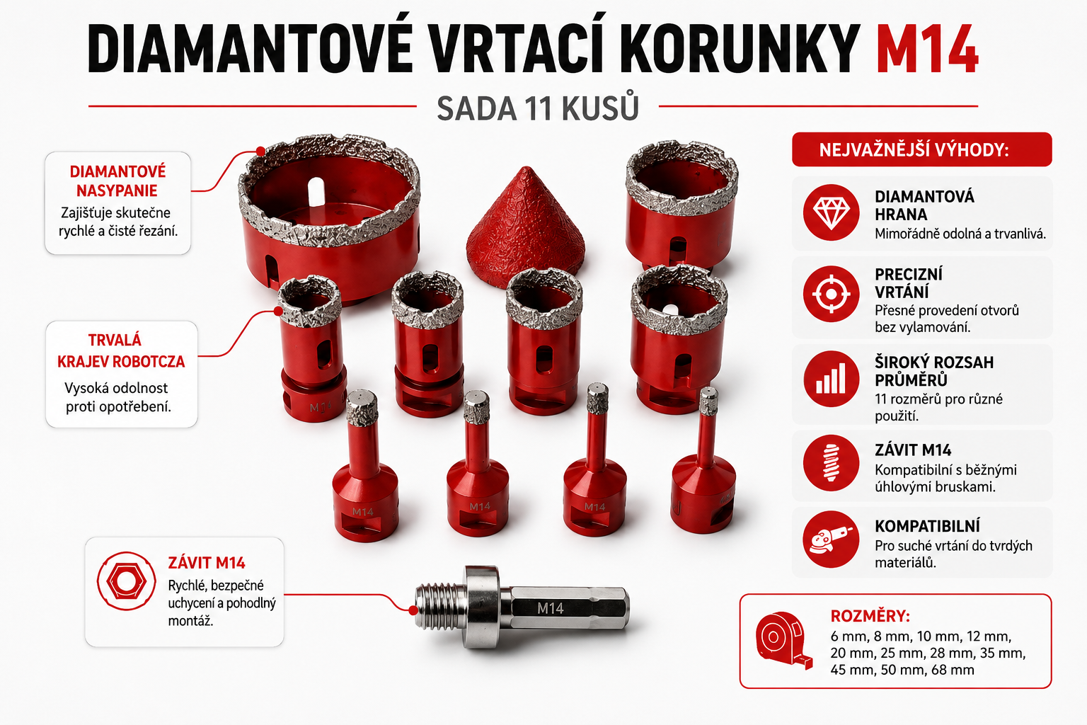 Sada diamantových korunek Ondragon OD9218 6–68 mm M14, 11 ks, na gres, obklady, beton a kámen 2