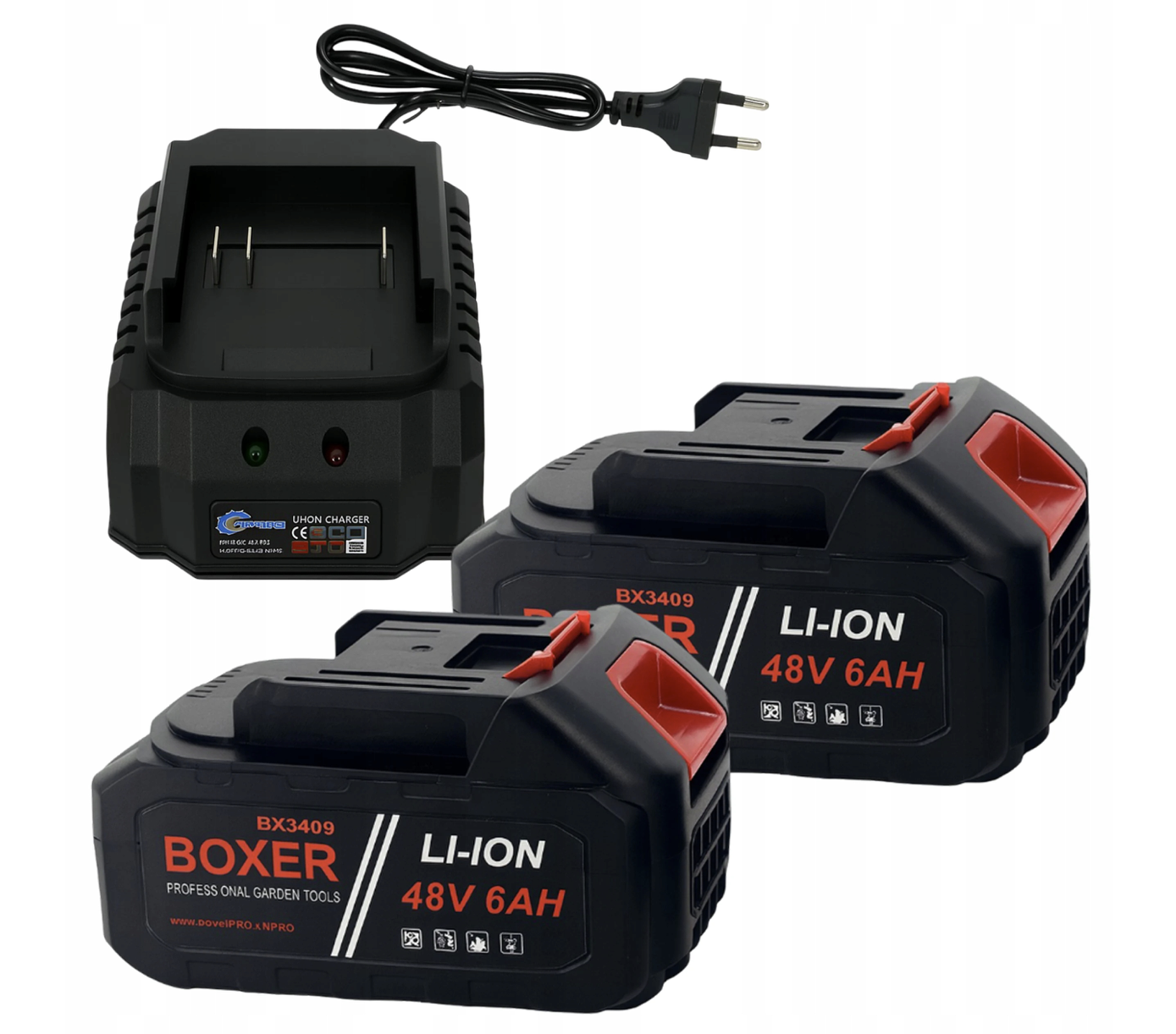 Aku záhradná sada 3 v 1 48 V BOXER BX3409 – reťazová píla 8″ + nožnice na konáre 25 mm + vyžínač 6″ | teleskopická tyč, 2× batéria 5
