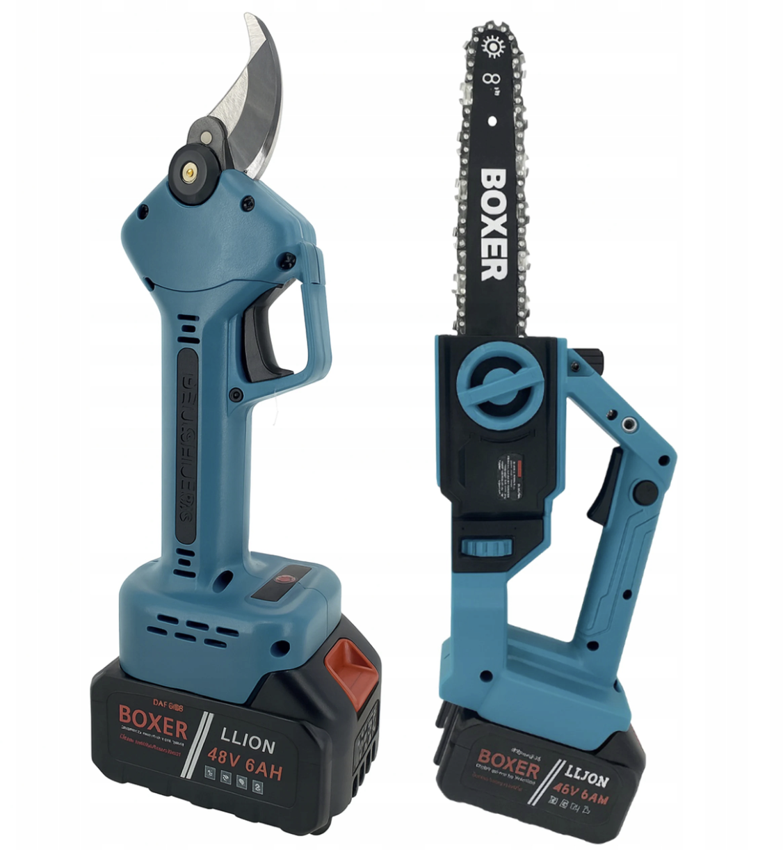Aku záhradná sada 3 v 1 48 V BOXER BX3409 – reťazová píla 8″ + nožnice na konáre 25 mm + vyžínač 6″ | teleskopická tyč, 2× batéria 2