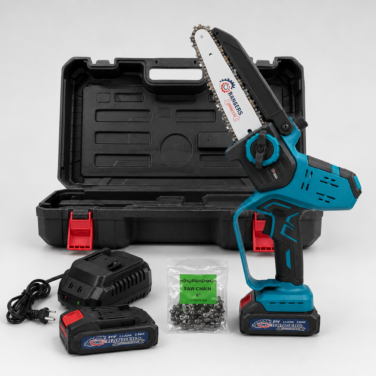 Aku reťazová píla RANGERS 8″ (20 cm) – 2× batéria 21 V, LCD ukazovateľ nabitia, kufor + náhradná reťaz 1