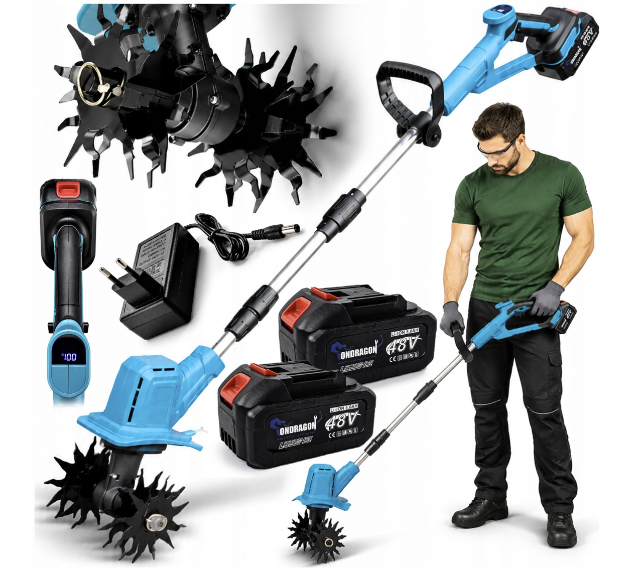 Aku kultivátor Ondragon 48 V, 2× baterie s LCD, záběr 22 cm 1
