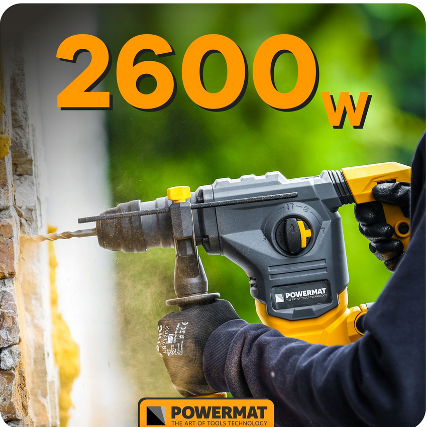 Powermat vrtací kladivo SDS+ – obsah kufru s příslušenstvím