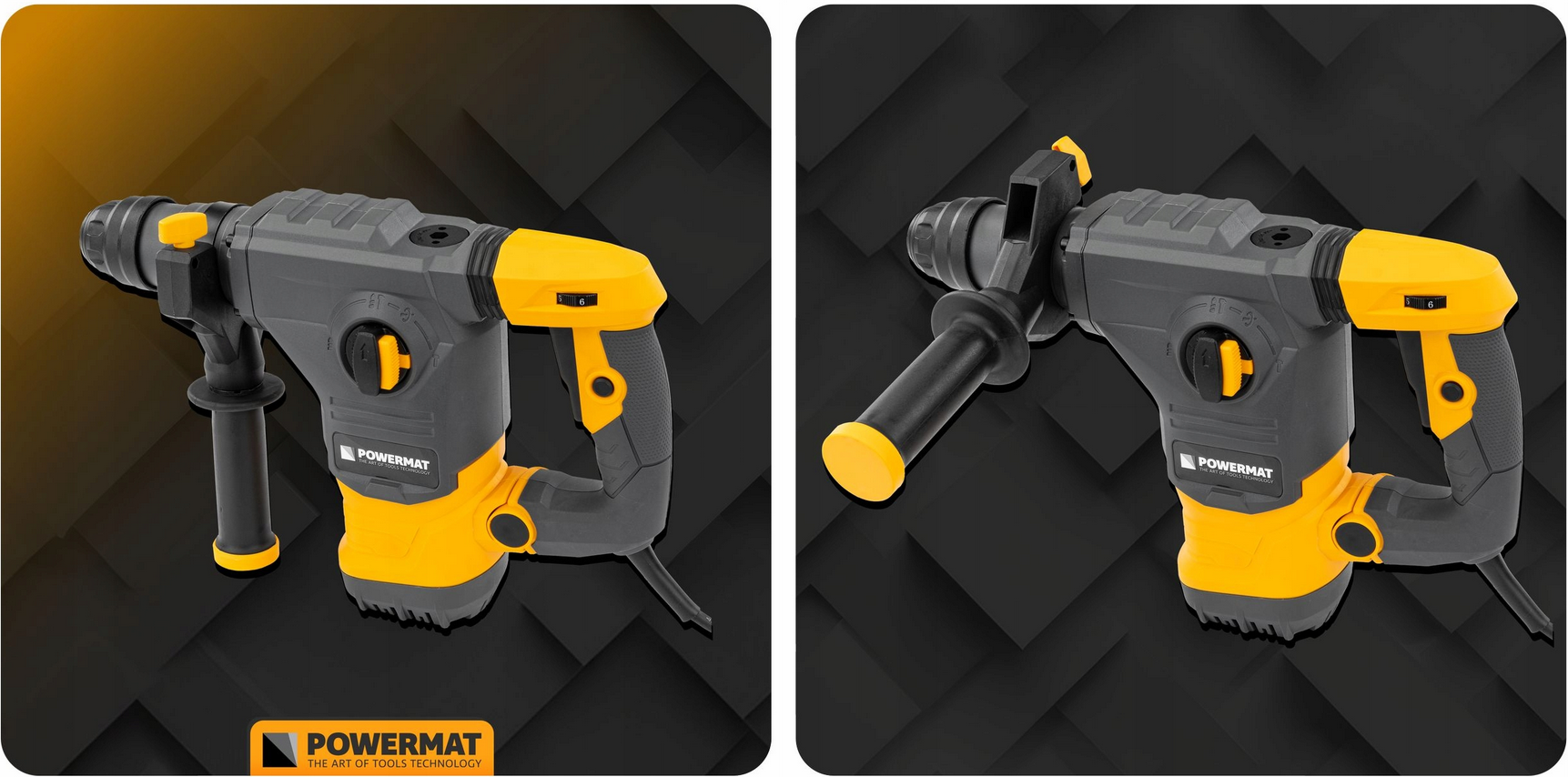 Powermat vrtací kladivo SDS+ – detail upínání SDS+ a přídavné rukojeti
