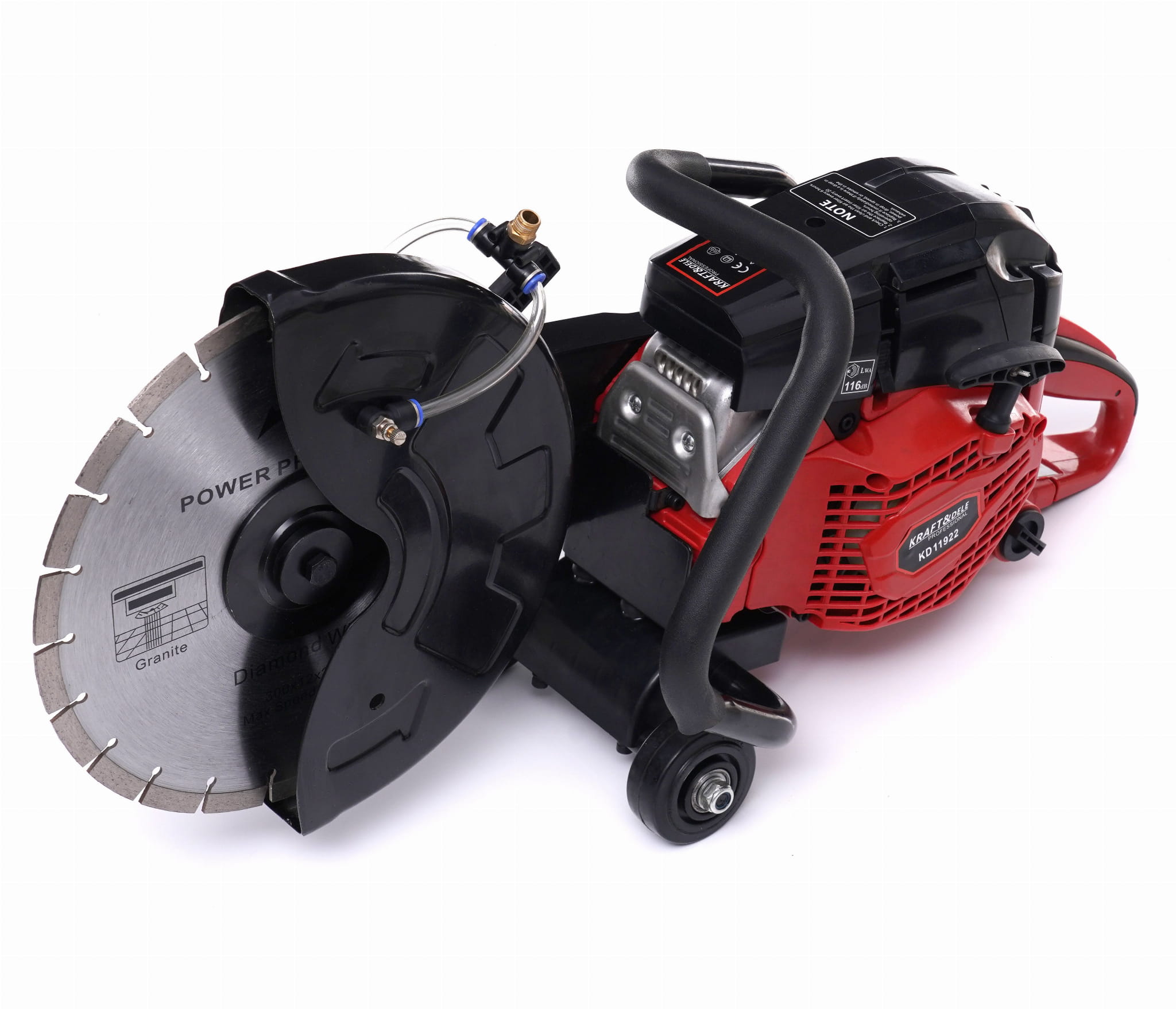 Kraft&Dele KD11922 – rozbrušovací pila 2,4 kW, celkový pohled s kotoučem 300 mm