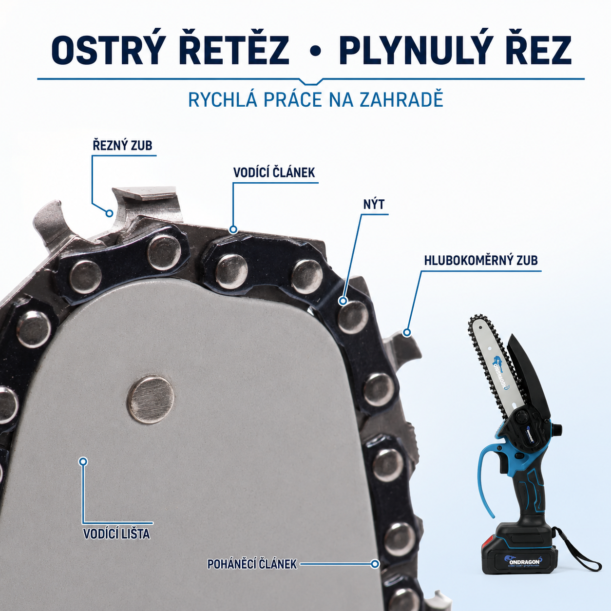 Aku sada 2v1 ONDRAGON – řetězová pilka při práci