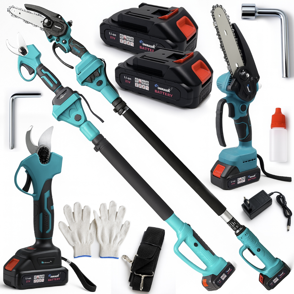 Aku pila 6″ + Nůžky + teleskop do 4 m – 2× Aku 5 Ah (XXXL set)