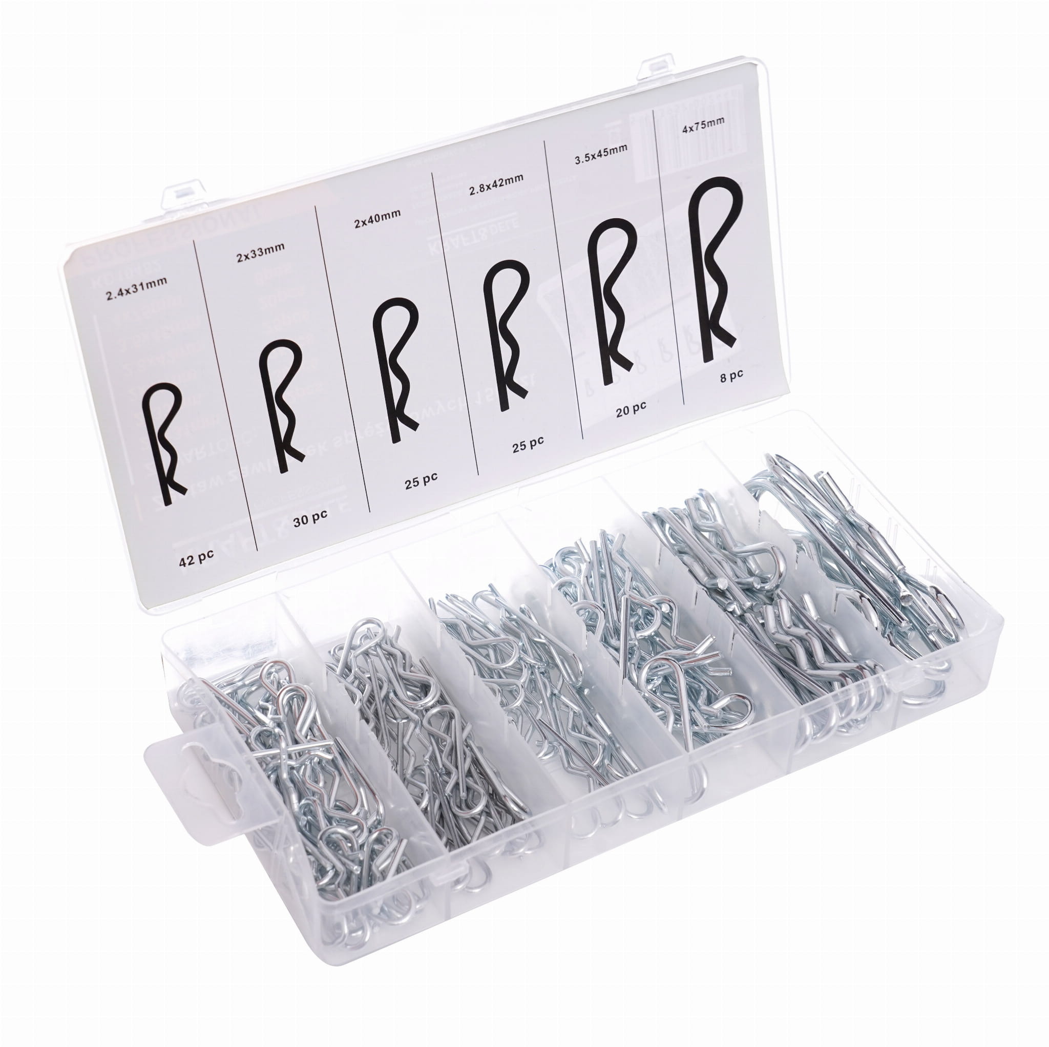 Kraft-Dele KD10482 pružinové závlačky — detail plastového obalu s přihrádkami