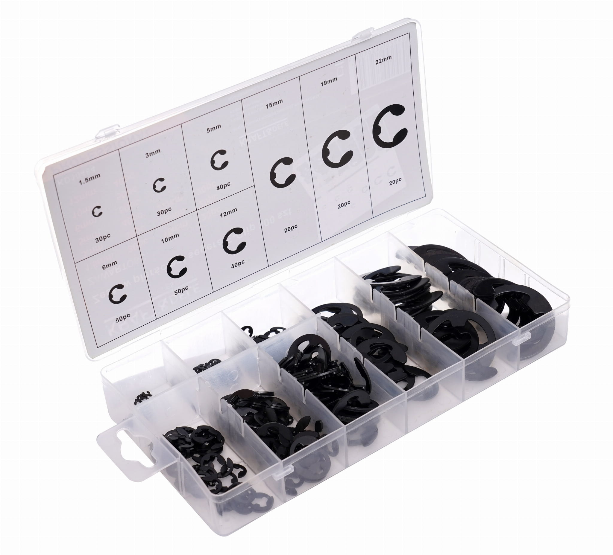 Sada pojistných kroužků E-Clips 300 ks KD10484 — detail kroužků