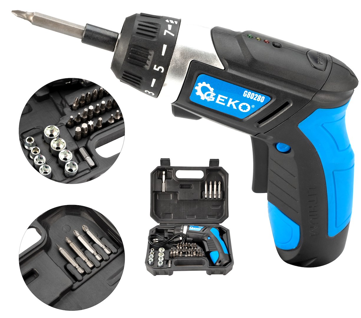 Akumulátorový šroubovák Geko 3,6 V Li-Ion 1300 mAh s 32 bity — Celkový pohled