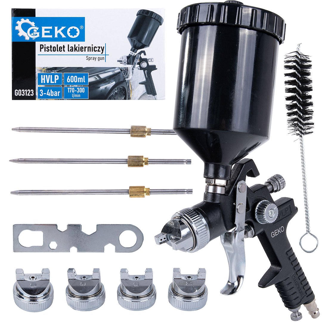 HVLP lakovací pistole Geko – 4 trysky (1,3–1,4–1,7–2,0 mm) — Celkový pohled