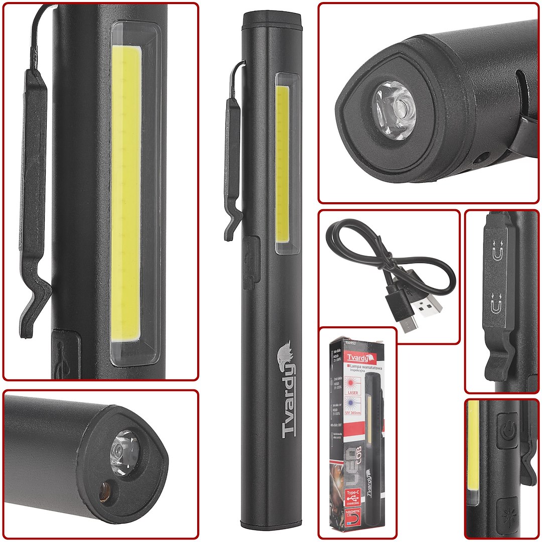 Inspekční dílenská lampa s magnetem LED COB 5W + UV laser 3W 800mAh 400lm IP44 – Geko 2