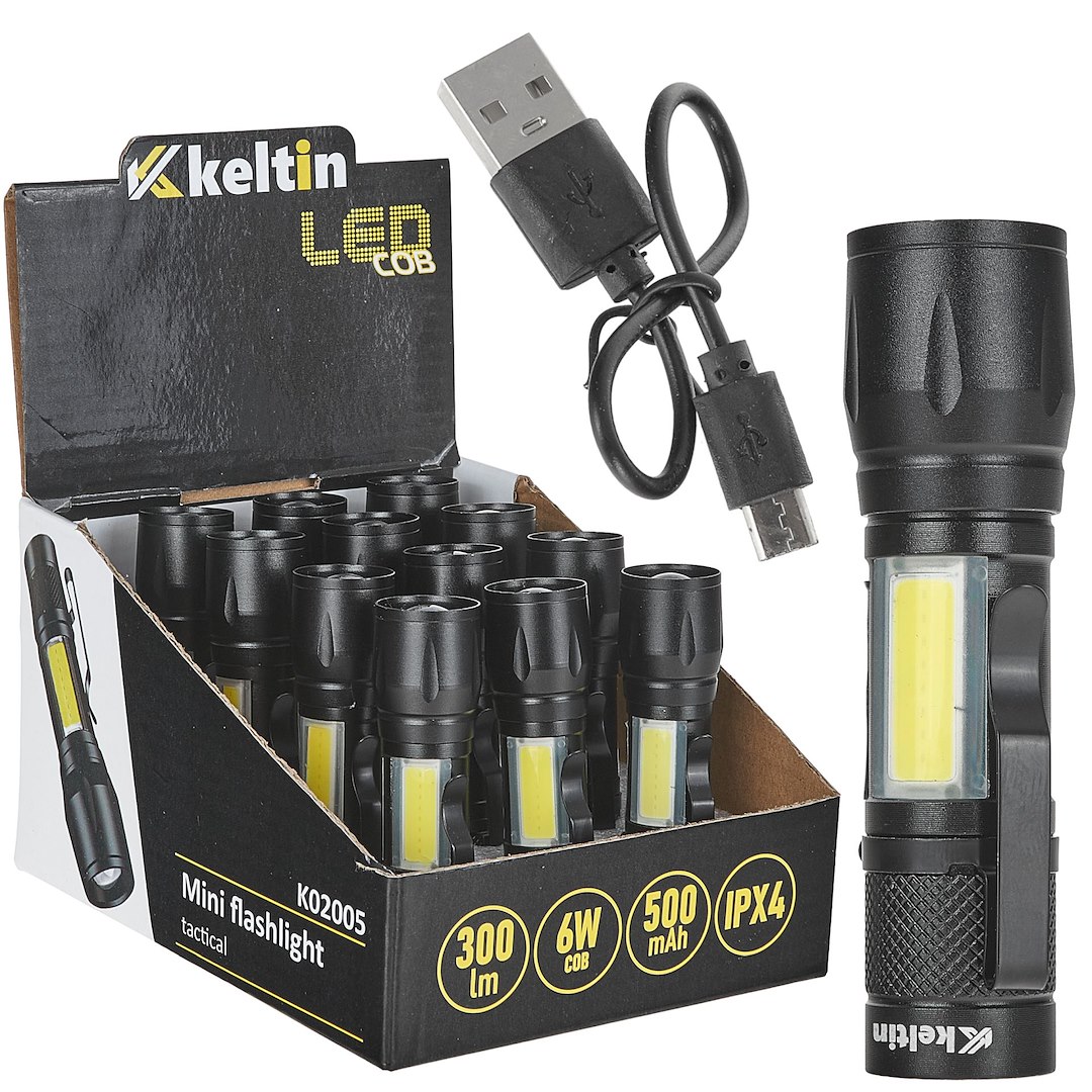 Mini taktická svítilna LED COB 10 W 500 mAh 500 lm IPX5 – výstavní karton — Celkový pohled