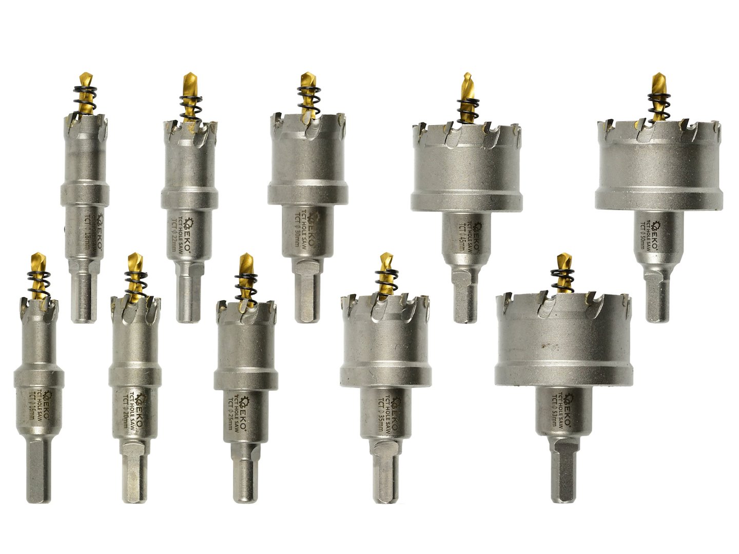 Sada karbidových děrovek do kovu s titanovým vrtákem, 10 ks, 16–53 mm – Geko 3