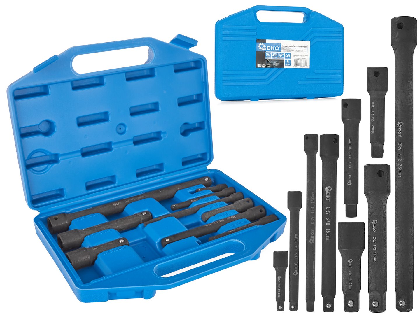 Sada prodlužovacích nástavců 1/4" 3/8" 1/2" CrV – 9 ks (Geko) 1