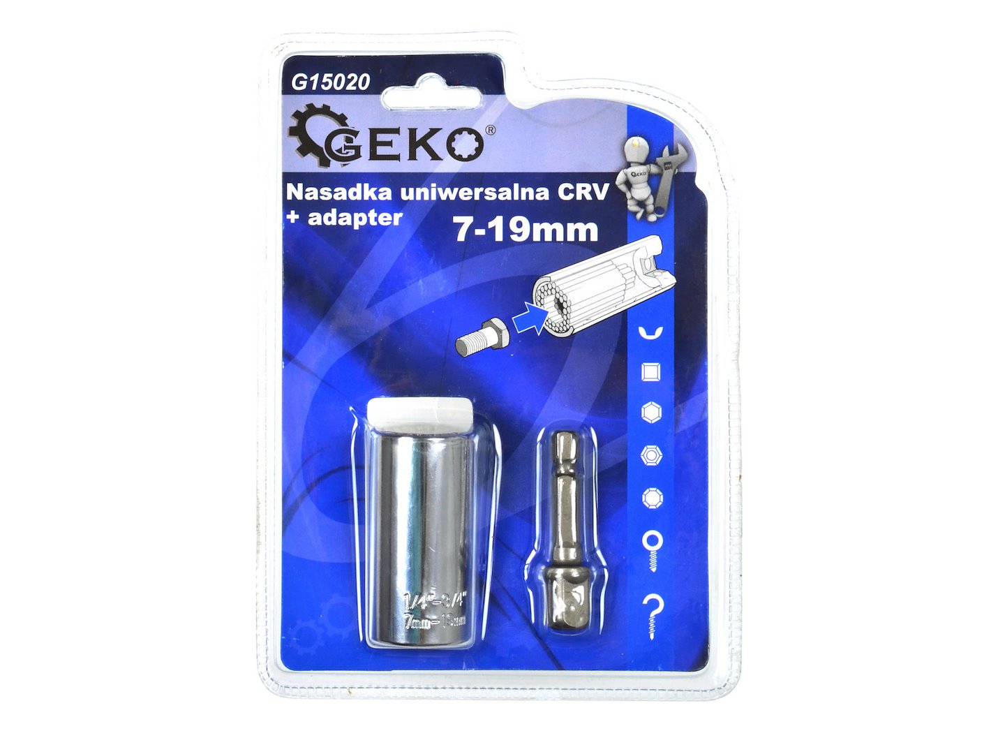 Univerzální nasadka CrV 7–19 mm + adaptér (sada 72/100 ks) – Geko 6
