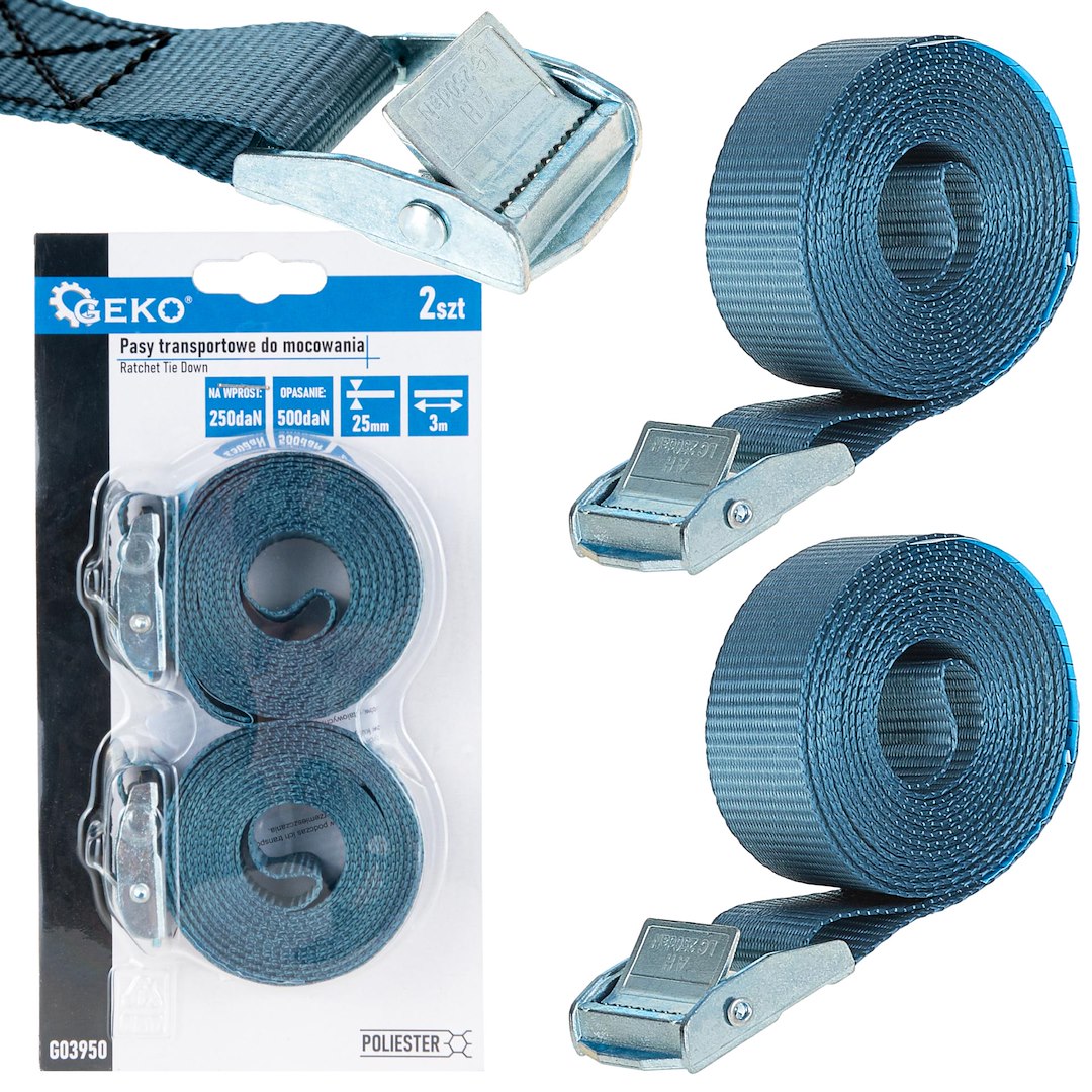 Upínací pás Geko 25 mm x 3 m, 250 kg, 2 kusy — Celkový pohled