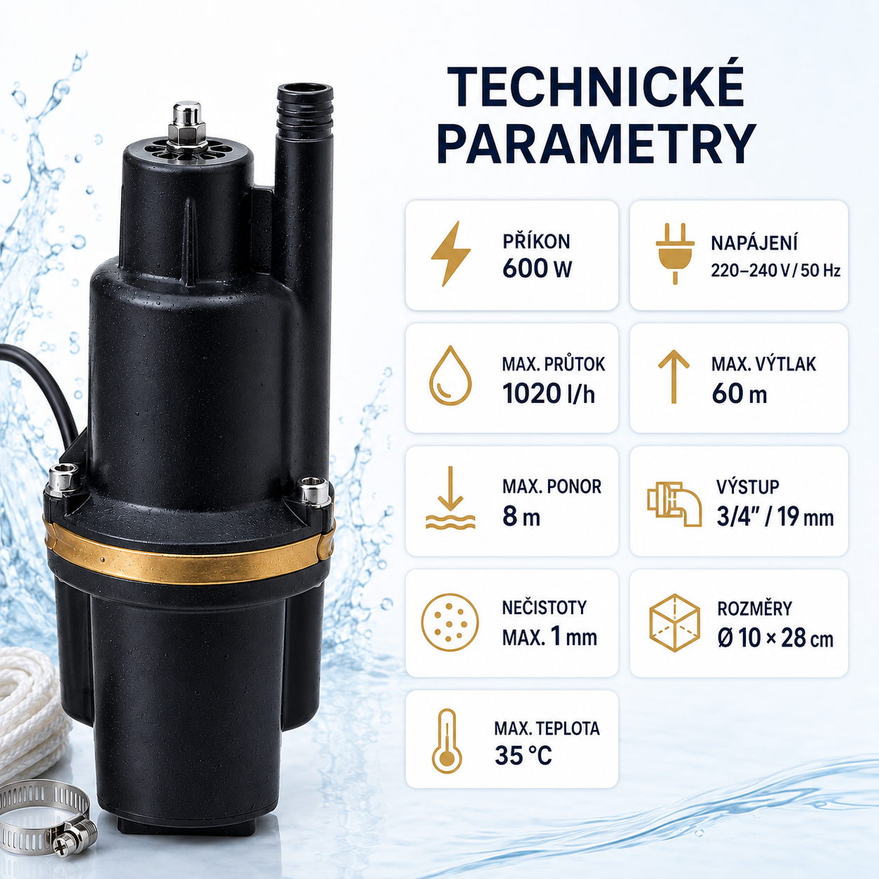 Ponorné membránové čerpadlo ONDRAGON 600 W – kabel a přípojka