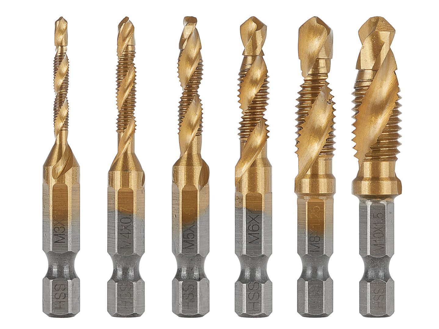 Sada závitových vrtáků HSS M3–M10, 6 ks, HEX 20×100 mm – Geko 2