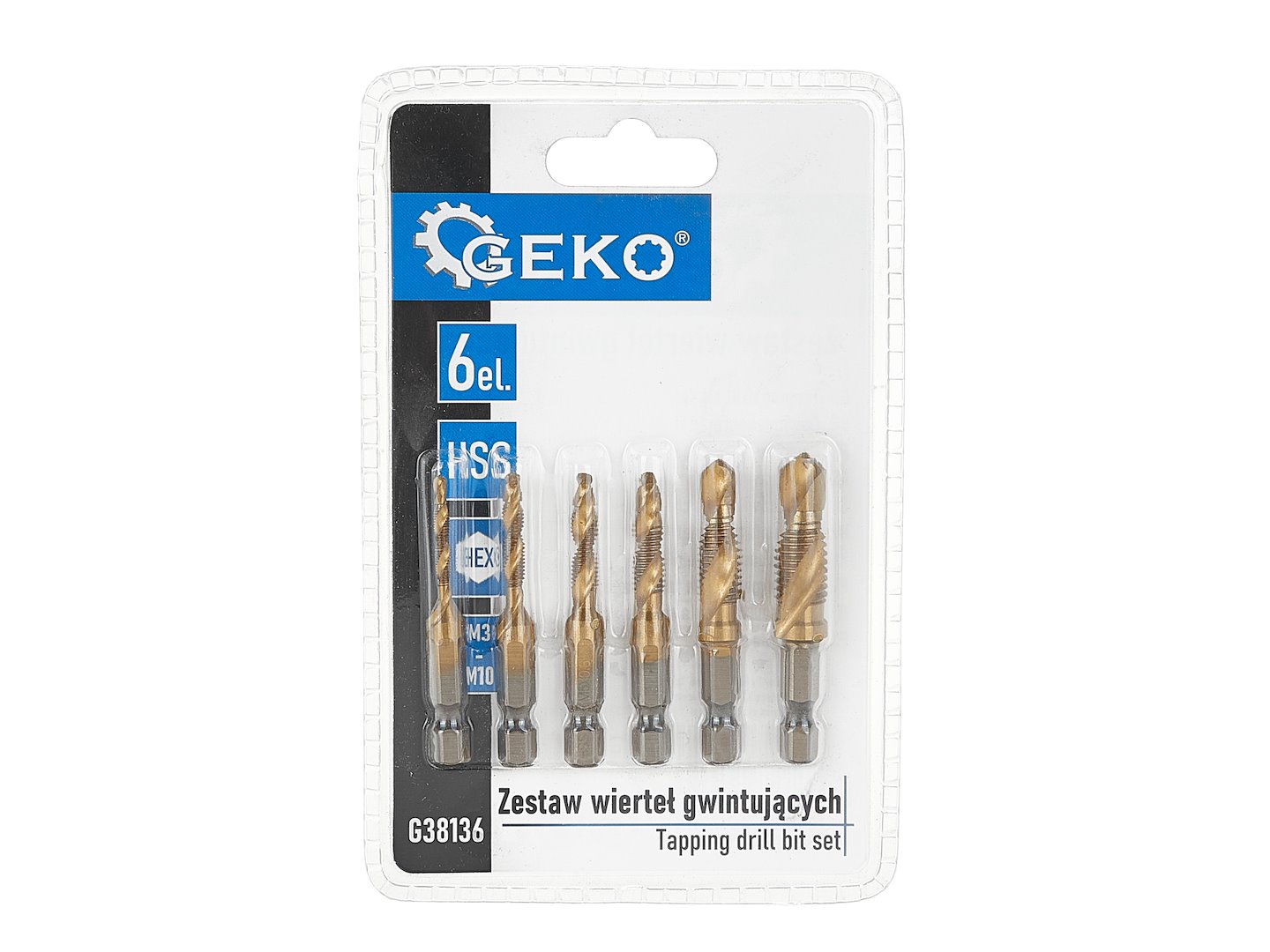 Sada závitových vrtáků HSS M3–M10, 6 ks, HEX 20×100 mm – Geko 3