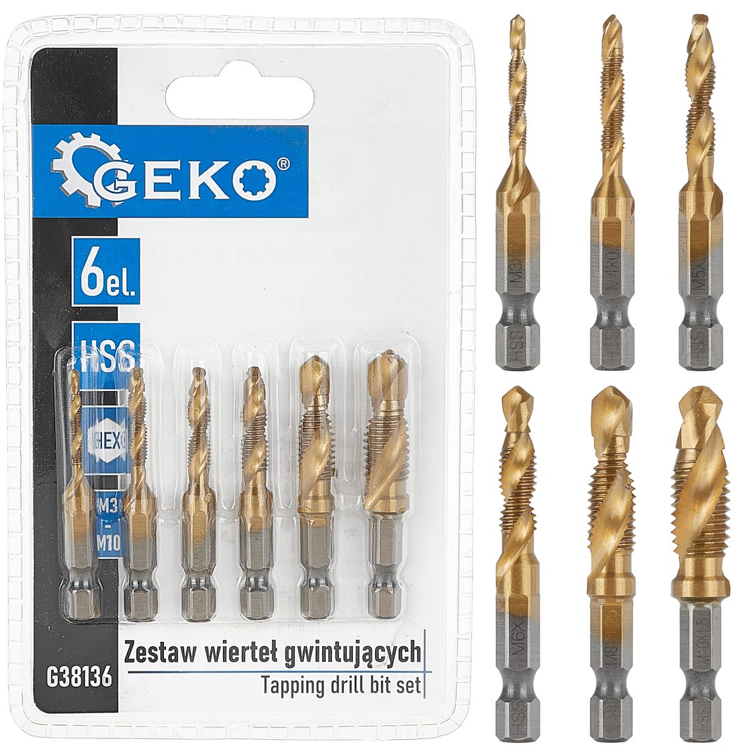 Sada závitových vrtáků HSS M3–M10, 6 ks, HEX 20×100 mm – Geko 1