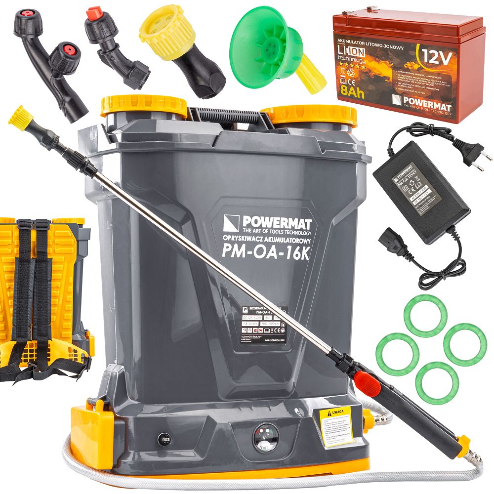 Akumulátorový tlakový postřikovač POWERMAT PM-OA-16K (16 l) + 4 trysky