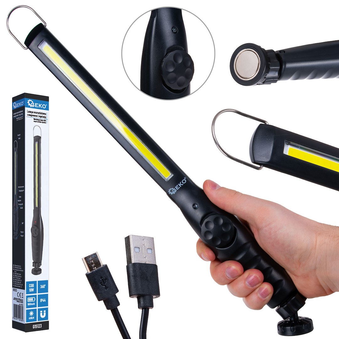 Dílenská LED COB lampa GEKO 10W s magnetem - dobíjecí 1800mAh, 450lm, IP44 odolnost 1
