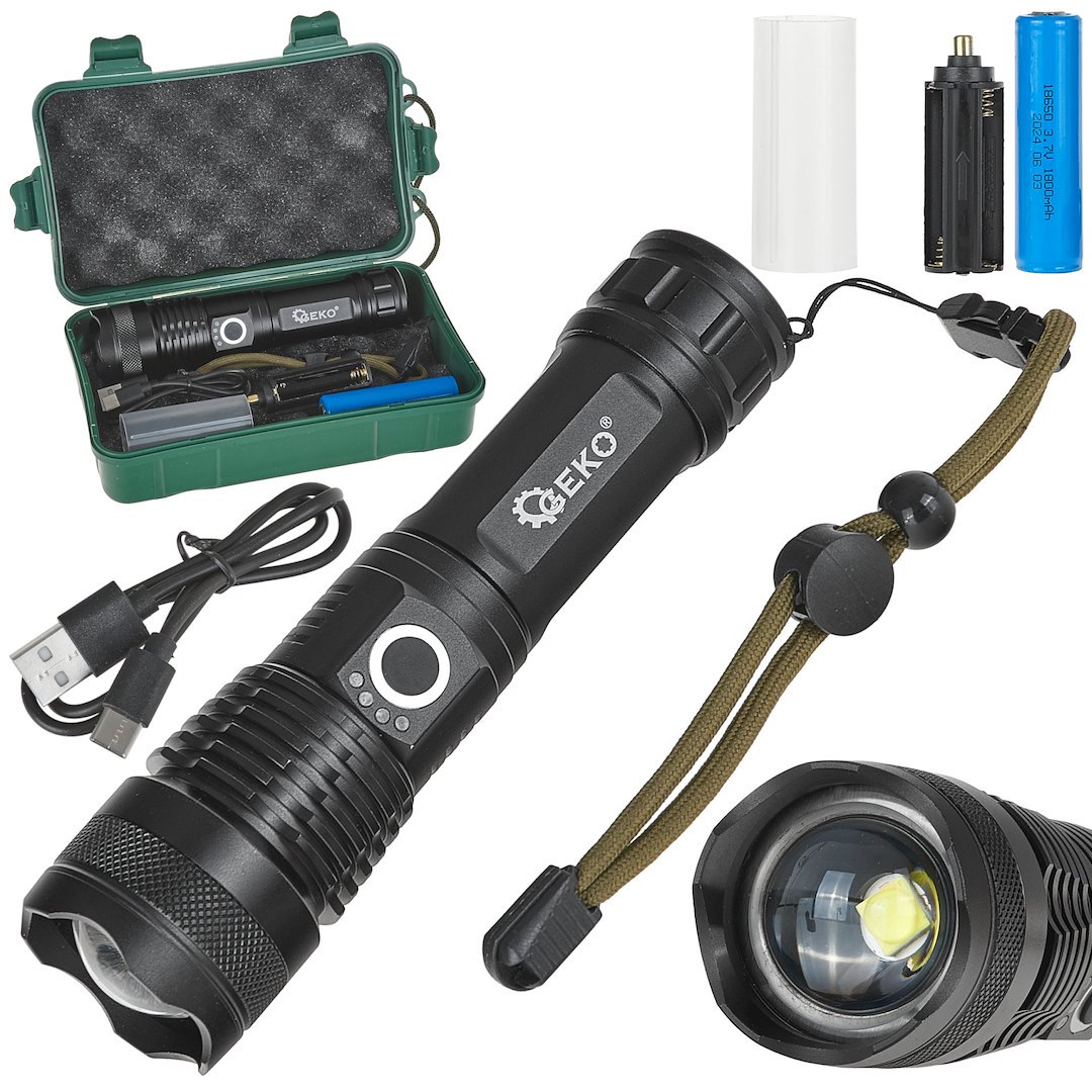 Taktická LED svítilna GEKO XHP50 15W 1500lm s akumulátorem 1800mAh - voděodolná IPX3 1