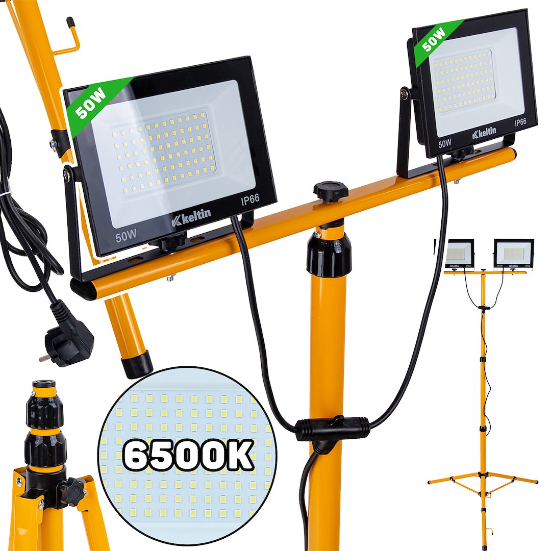 LED světlomet Geko 2×50W s teleskopickým stativem 6500K – profesionální osvětlení pro stavbu a dílny 1