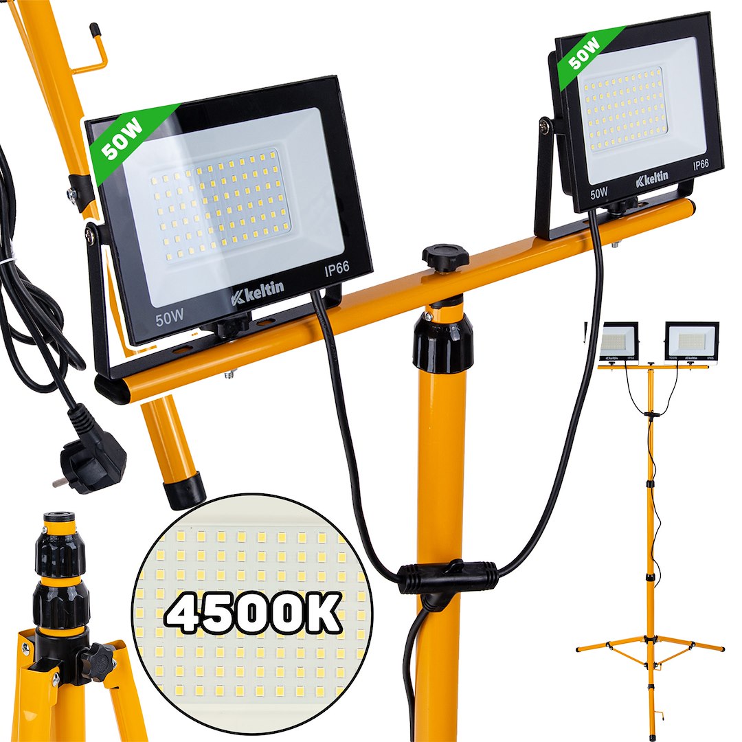 LED světlomet Geko 2×50W s teleskopickým stativem – 4500K neutrální bílá pro profesionální použití 1